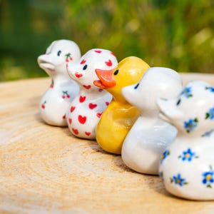 May include: A collection of ceramic duck figurines. One is yellow, others are white with red hearts, blue flowers, or cherry patterns. The ducks are arranged on a light brown wooden surface.