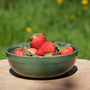 May include: A green ceramic bowl filled with fresh red strawberries. The bowl is sitting on a wooden surface with a blurred green background.