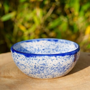 Peut inclure: Un petit bol rond en céramique avec un motif bleu et blanc moucheté. Le bord est bleu foncé uni. Le bol est posé sur une surface en bois, avec un arrière-plan vert flou.