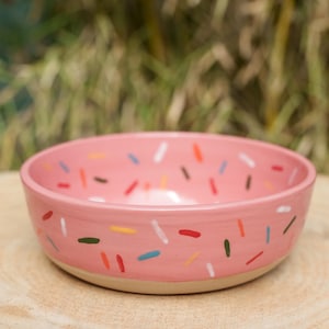 Op de afbeelding: Een ronde keramische kom met een glanzend roze glazuur aan de binnen- en buitenkant. De kom is voorzien van een patroon van kleine, handgeschilderde streepjes in diverse kleuren zoals wit, geel, rood, blauw en donkergroen, die lijken op hagelslag.