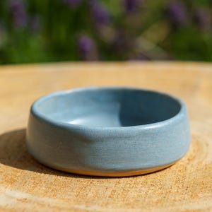 Peut inclure: Un petit bol en céramique rond et peu profond avec un émail bleu clair mat et lisse à l'intérieur et à l'extérieur. Le bol présente un bord légèrement irrégulier et organique ainsi qu'une base épaisse, offrant un design simple et fonctionnel.