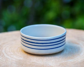 Striped ceramic trinket dish. Ceramic trinket dish. Small blue pottery trinket bowl. Handmade stoneware pot.