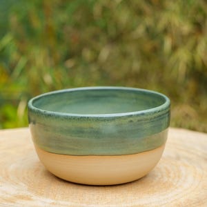 Può includere: Una ciotola in ceramica rotonda con un design bicolore. La parte superiore è rifinita con uno smalto verde salvia liscio e lucido, mentre la parte inferiore rimane una superficie in argilla beige opaca non smaltata con una linea di transizione.