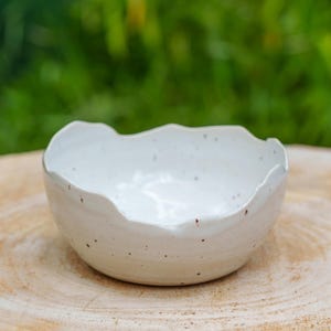 Puede incluir: Un pequeño cuenco de cerámica blanquecina con un borde ondulado. El cuenco tiene una textura moteada y está sobre una superficie de madera. El fondo es verde borroso, lo que sugiere un entorno al aire libre. Este cuenco es adecuado para servir pequeñas porciones de comida.
