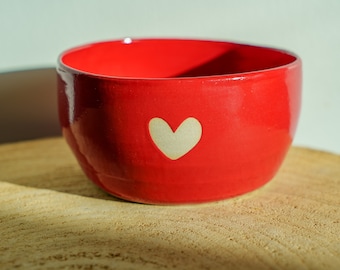 Small red heart ceramic bowl. Valentine's Day red bowl in artisanal pottery.