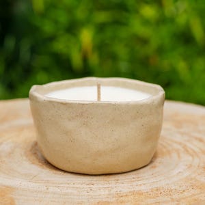 Peut inclure: Une petite bougie en céramique beige dans un bol rond et peu profond. La bougie a une surface de cire blanche et une seule mèche fine. L'arrière-plan est un feuillage vert flou. La bougie repose sur une surface en bois brun clair.