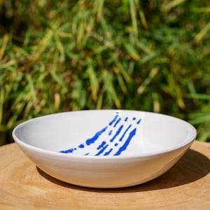 Peut inclure: Un bol en céramique blanc avec un motif abstrait bleu. Le bol est rond avec un large bord et repose sur une surface en bois. L'arrière-plan est un feuillage vert flou.