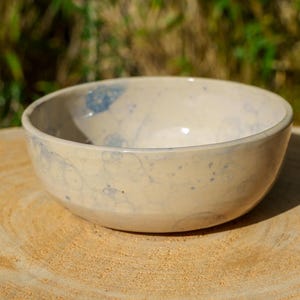 Può includere: Una ciotola in ceramica rotonda con una liscia smaltatura color bianco sporco caratterizzata da un sottile motivo a bolle blu sulla superficie. La ciotola presenta una silhouette semplice e curva con un bordo leggermente svasato.