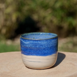May include: A small, blue and white ceramic cup with a glazed finish. The cup has a rounded shape and a wide rim.