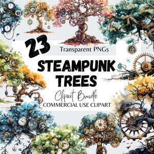 Steampunk-träd Clipart-paket, vintage mekanisk natur, industriella viktorianska digitala konstelement för klippböcker, inbjudningar och hantverk