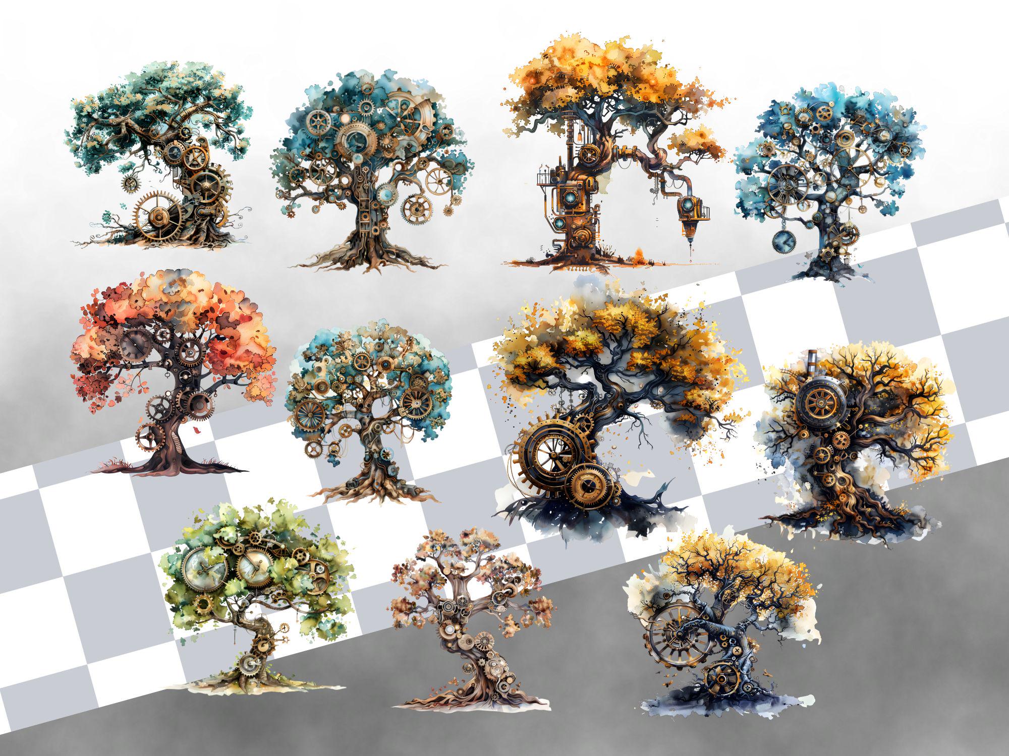 Steampunk Style Tree Steampunk Tree Clipart Bundle, Vintage Mechanical Nature, Industrial ...