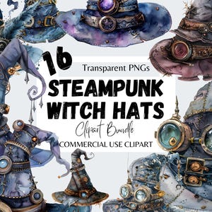 Könnte beinhalten: 16 Aquarell-Steampunk-Hexenhut-Clipart-Paket. Die Hüte sind in verschiedenen Blautönen, Lila und Braun mit komplizierten Details und Zahnrädern. Clipart zur kommerziellen Nutzung.