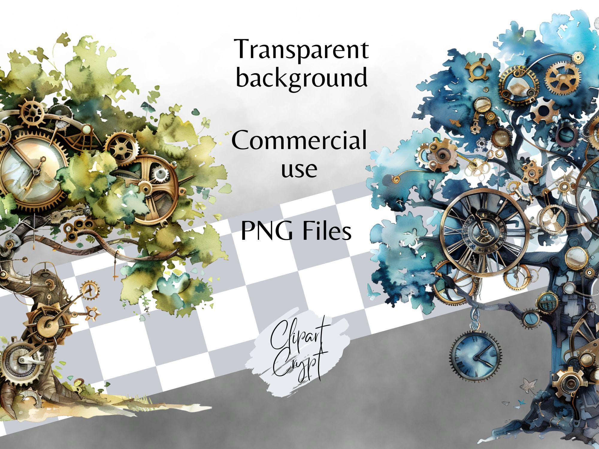 Steampunk Style Tree Steampunk Tree Clipart Bundle, Vintage Mechanical Nature, Industrial ...