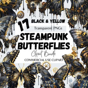 May include: A set of 17 black and yellow steampunk butterfly clip art images. The butterflies have intricate details and are perfect for digital scrapbooking, card making, and other crafting projects.  The images are transparent PNGs and are for commercial use.