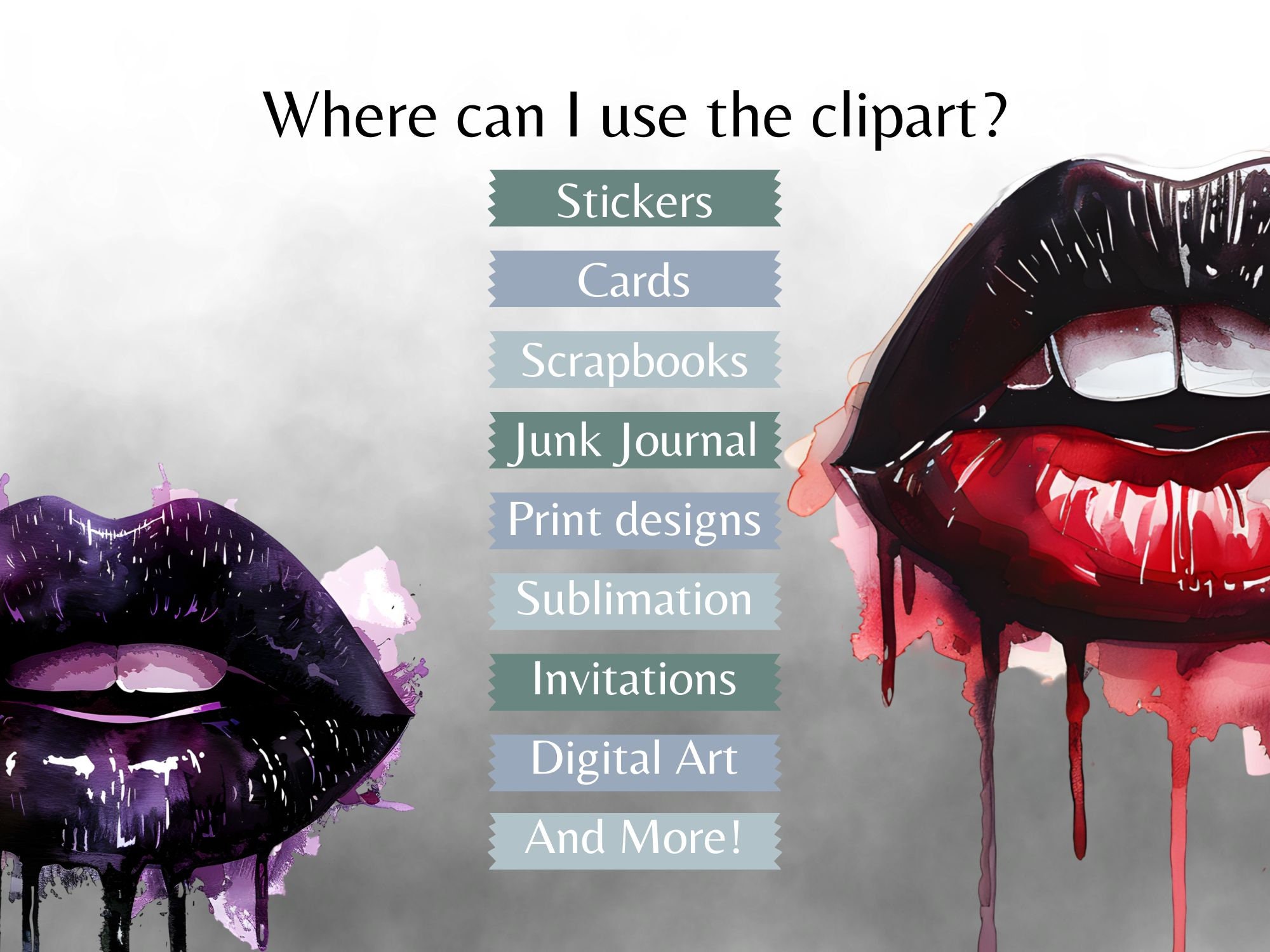 Gothic Dripping Lip Clipart Bundle, Goth Lipstick PNG, Black & Red Lips ...