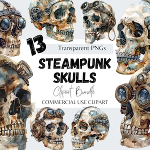 Könnte beinhalten: Ein Set mit 13 Aquarell-Illustrationen von Steampunk-Schädeln. Die Schädel sind mit Zahnrädern, Zahnrädern und anderen mechanischen Elementen verziert. Die Illustrationen sind im Vintage-Stil gehalten und perfekt, um Ihren Projekten einen Hauch von Steampunk zu verleihen.