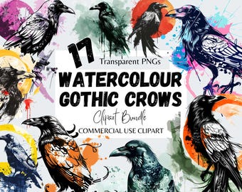 Watercolour Gothic Crows & Ravens Clipart Bundle, Black Raven PNG, Halloween Digital Clip Art Graphics, Dark Aesthetic,