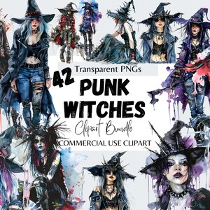 Nyckfull punkhäxa clipart-set, akvarell halloweenkonst, mystisk häxcore, digital skräpjournal-nedladdning, edgy grunge-estetik