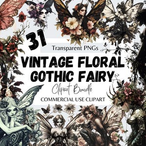 Vintage Floral Gothic Fee Clipart-Bundle, dunkle botanische Eleganz, mystische Fairycore Blumen, Gothic Romanze Clip Art, transparente PNG,
