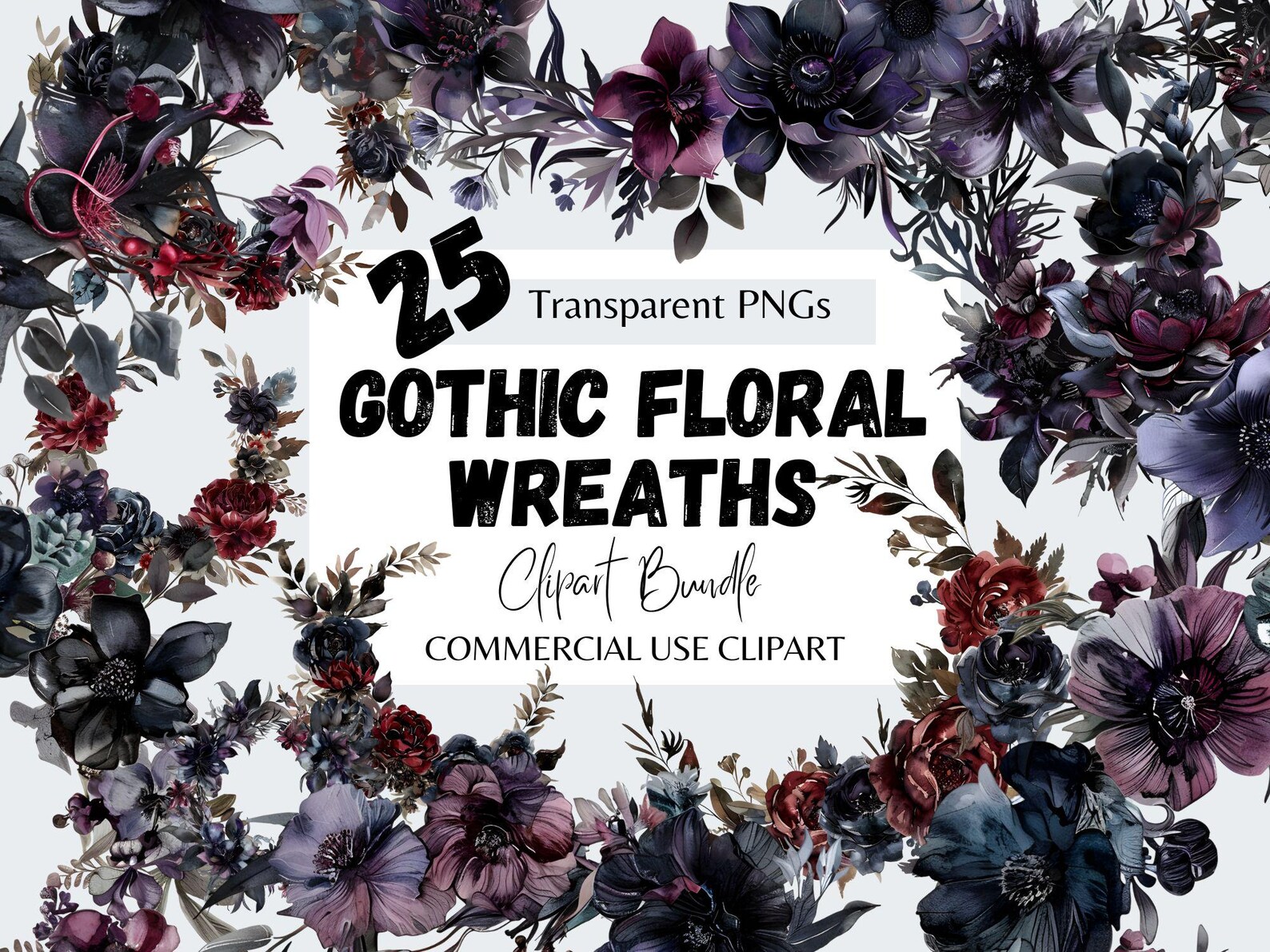 Gothic Floral Wreath Clipart Bundle, Dark Botanical Elegance, Mystical ...