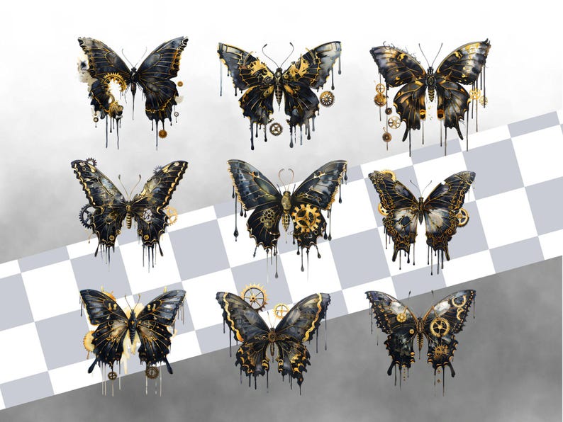 Black & Yellow Steampunk Butterfly Clipart Bundle, Industrial Design ...