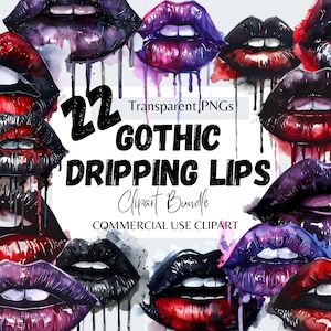May include: 22 watercolour illustrations of dripping gothic lips in various colours, including red, black, and purple. The lips are dripping with paint, creating a dramatic and edgy look. These digital clipart images are perfect for adding a touch of gothic style to your designs.