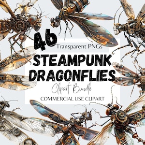May include: 46 Steampunk Dragonflies Clipart Bundle - Commercial Use Clipart. A digital download of 46 high-quality, transparent PNG images of steampunk dragonflies. Each dragonfly is intricately detailed with gears, cogs, and other mechanical elements.