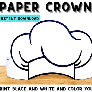 Könnte beinhalten: Ein druckbares Papierkronen-Design mit dem Text "PAPER CROWN" und "INSTANT DOWNLOAD". Die Krone ist weiß mit schwarzen Umrissen und kann ausgemalt werden. Der untere Teil der Krone lautet "PRINT BLACK AND WHITE AND COLOR YOURSELF".