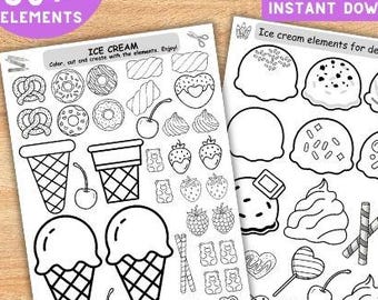 Lavoretto sul gelato stampabile per bambini, attività di ritaglio e incolla, foglio di lavoro da colorare per l'estate, lavoretto per feste senza schermo da scaricare in formato PDF