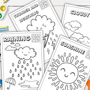 May include: Black and white coloring pages with weather themes, including "Thunder and Lightning," "Cloudy," "Raining," and "Sunshine." The pages feature illustrations of clouds, rain, and sun. The set includes 8 pages.