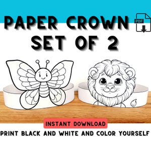 Crown Printable boys and girls PDF Lion Butterfly | Kids DIY Costume Craft | Coloring Party Favor | diy Birthday Activity | Instant Download