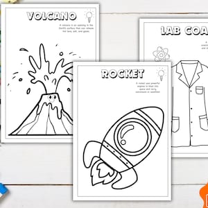 May include: Black and white line drawings of a volcano, rocket, and lab coat on white paper. The volcano illustration shows an erupting volcano. The rocket illustration shows a rocket with flames. The lab coat illustration shows a lab coat.