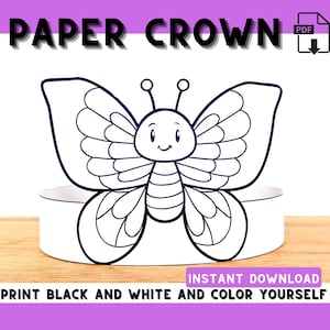Butterfly paper Crown, Printable headband | Kids DIY Costume Craft | Coloring Party Favor | DIY Birthday Activity | Instant PDF Download