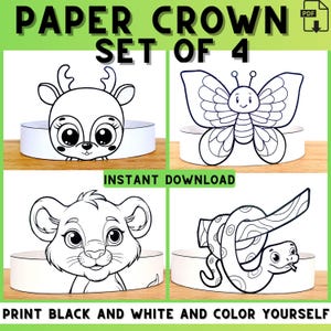 Printable Crown PDF | Animals Sneak, Lion, Butterfly, Deer | Kids DIY Costume Craft | Coloring Party | Birthday Activity | Instant Download