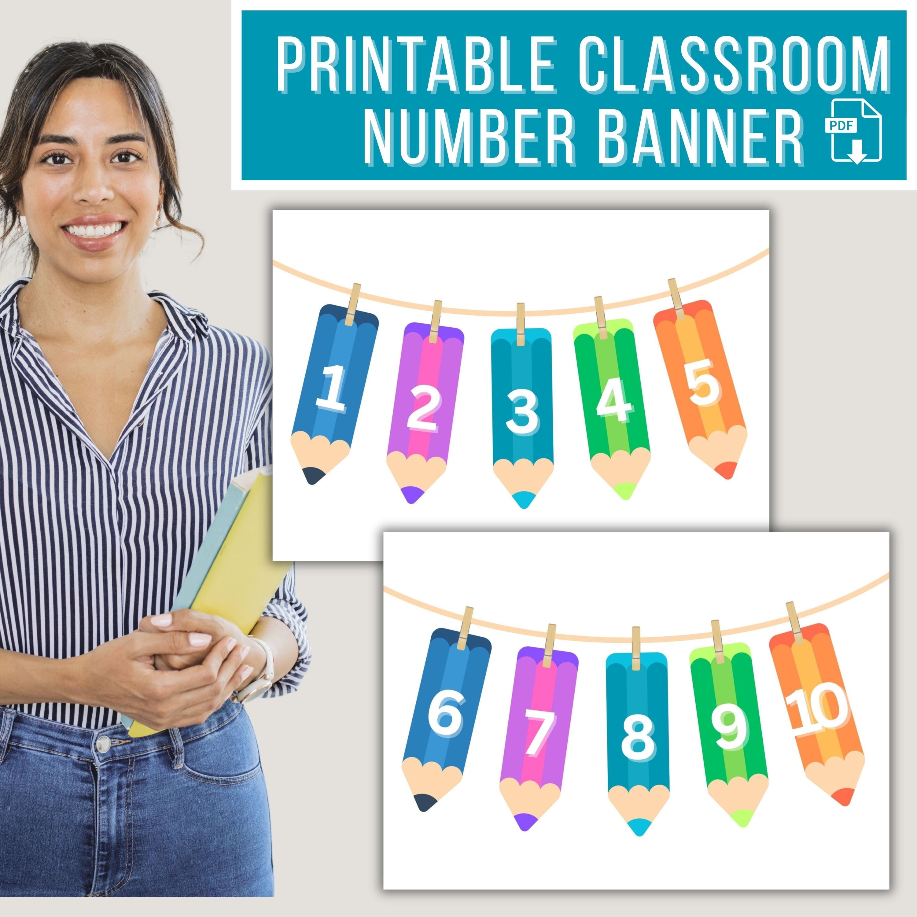 Printable Classroom Number Banner, Colorful Pencil Theme Learning Decor ...