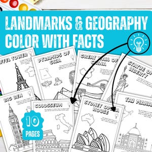Landmarks Geography, Coloring Pages with Fun Facts for Kids | Learn Facts | Printable Famous Landmarks  Sheets for Kids | Instant Download