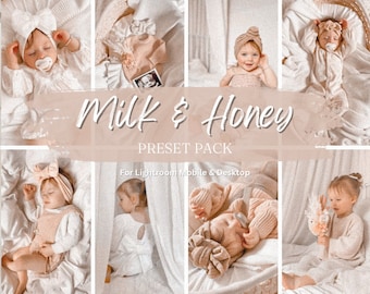 May include: A collage of images featuring babies in various poses, wearing white and cream-colored clothing. The images are arranged in a grid pattern with the text "Milk & Honey PRESET PACK For Lightroom Mobile & Desktop" in the center.