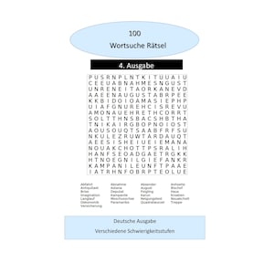 100 word search puzzles and solutions to print out, German terms - with instructions