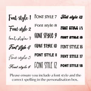 May include: A white background with a pink border displays 18 font style examples in black. The text reads "Font style 1" through "Font style 18". Below the font examples, the text reads "Please ensure you include a font style and the correct spelling in the personalisation box."