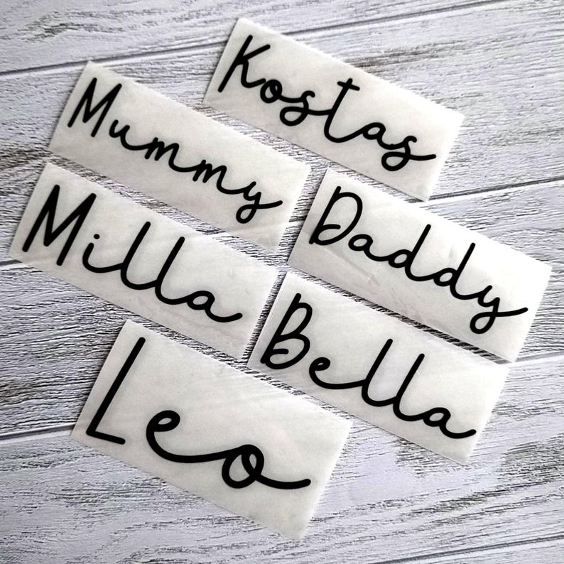 May include: White rectangular labels with black cursive text. The labels include the names "Mummy", "Milla", "Leo", "Kostas", "Daddy", and "Bella". The labels are arranged on a light wood-grain surface.