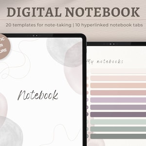 Puede incluir: Una aplicación de cuaderno digital en la pantalla de una tableta con un fondo blanco y una encuadernación en espiral. La aplicación tiene 20 plantillas para tomar notas y 10 pestañas de cuaderno hipervinculadas. El texto "Notebook" está escrito en cursiva en la portada. La aplicación tiene una textura de papel realista.