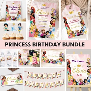 Bundle d'invitations d'anniversaire de princesse, décorations de fête de princesse, décoration de princesse, thème des princesses, inviter une fille rose, numérique instantanée modifiable