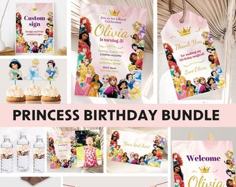 Princess Birthday Invitation Bundle Princess Party Decorations Princess Decor Princesses Theme Invite Girl Pink EDITABLE Instant Digital