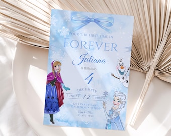 Frozen Four The First Time In Forever verjaardagsuitnodiging Frozen 4e verjaardagsuitnodiging Kids Fourth Party Invite Elsa Anna thema BEWERKBAAR