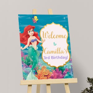 Placa de boas-vindas da Pequena Sereia Placa de aniversário da Pequena Sereia Cartaz de boas-vindas da Ariel Decorações para festa Tema Digital EDITÁVEL instantâneo