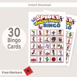 Jogo de bingo Spidey Spidey e seus incríveis amigos atividades de festa de aniversário para crianças cartões Spidey Ghost Spider Spin Family imprimível instantâneo