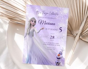 May include: A lavender invitation card with the text "It's a Frozen Celebration" and "Mariana is turning 5". The card features a cartoon image of a princess and Olaf the snowman. The invitation includes the date, time, and location.
