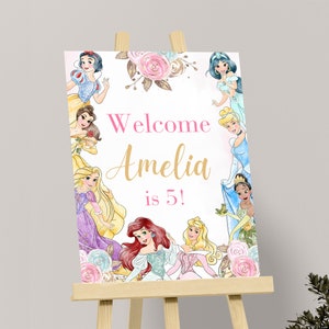 Signo de bienvenida de princesa Signo de cumpleaños de princesa Cartel de bienvenida de princesa Decoraciones de fiesta de princesa Tema de princesas Digital instantáneo EDITABLE