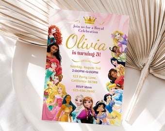 May include: Pink and white invitation with a gold crown and the text "Join us for a Royal Celebration Olivia is turning 5!"  The invitation features a collage of Disney princesses, including Ariel, Belle, Cinderella, Elsa, Jasmine, Mulan, Pocahontas, Rapunzel, Snow White, and Tiana.