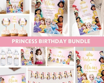 Princess Birthday Bundle Princess Party Decorations Princess Decor Princesses Theme Invitation Kit Girl Pink EDITABLE Instant Digital